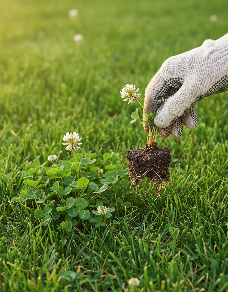 Homeowner's gloved hand carefully pulling a small patch of clover from a lush green lawn, illustrating manual weed removal.