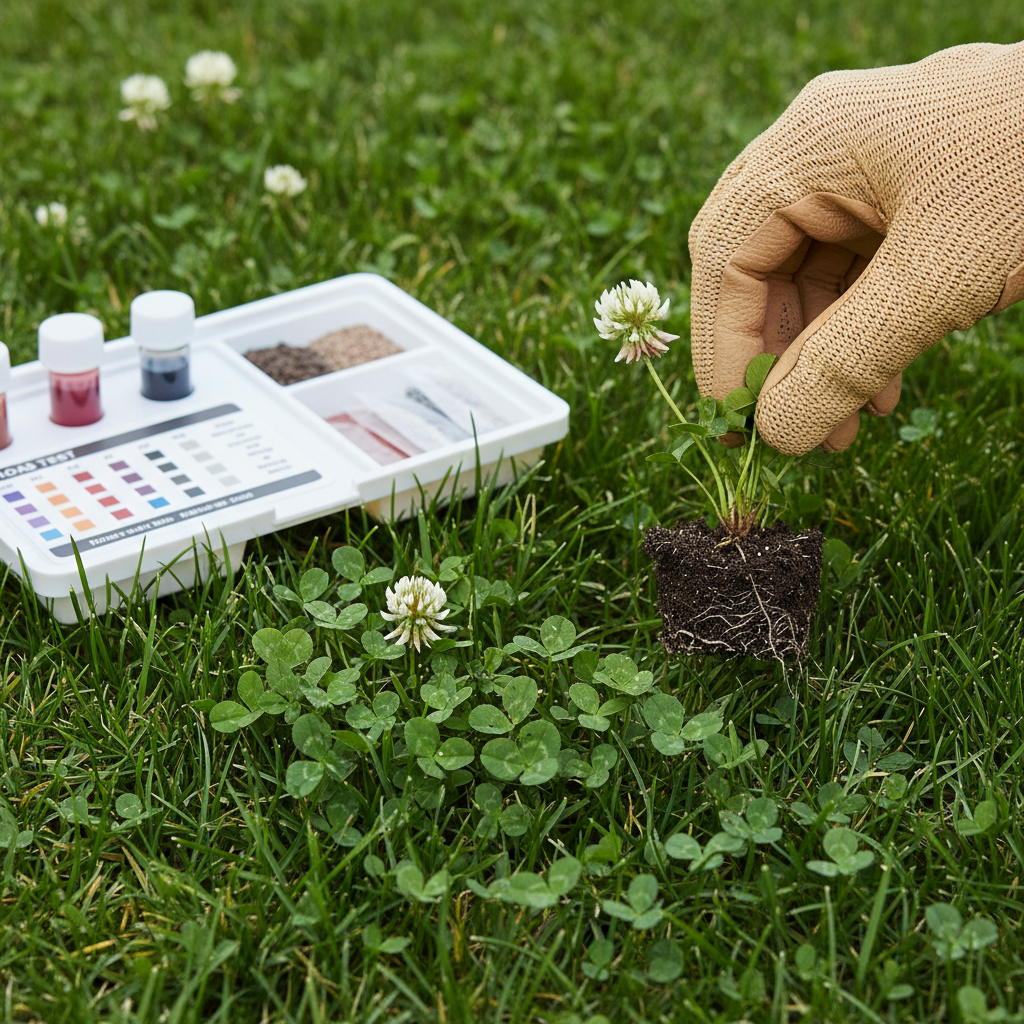 Healthy green grass with clover patches and a soil test kit, showing lawn care to remove weeds.