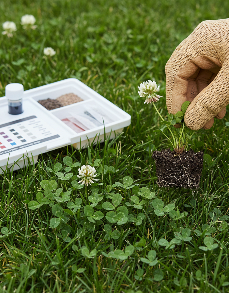 Healthy green grass with clover patches and a soil test kit, showing lawn care to remove weeds.