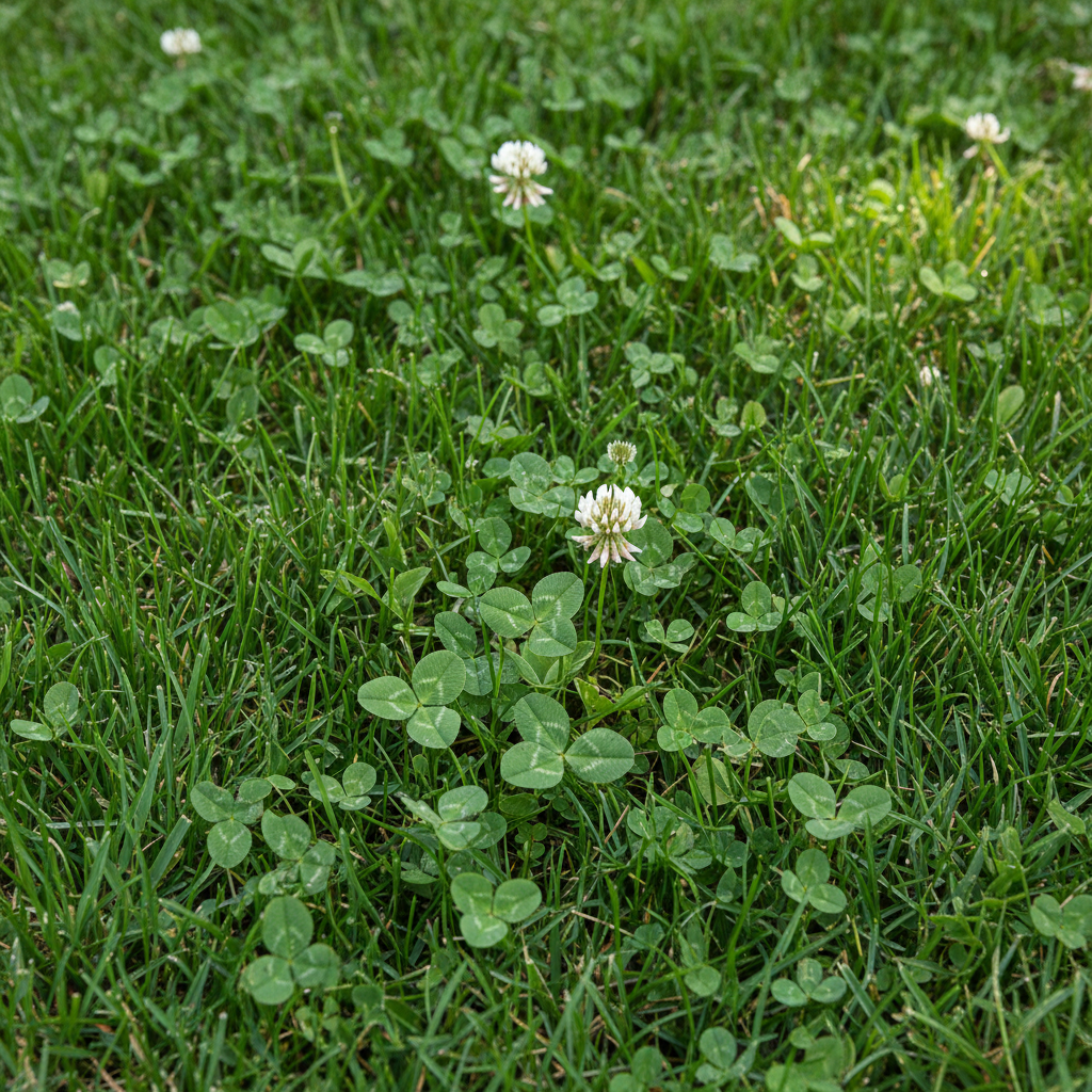 Healthy green lawn with small patches of white clover visible
