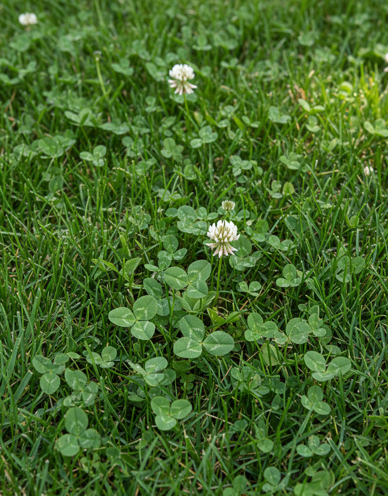 Healthy green lawn with small patches of white clover visible