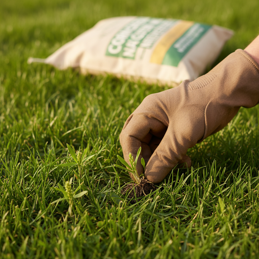 Gloved hand pulling young crabgrass from a healthy green lawn with corn gluten meal in the background.