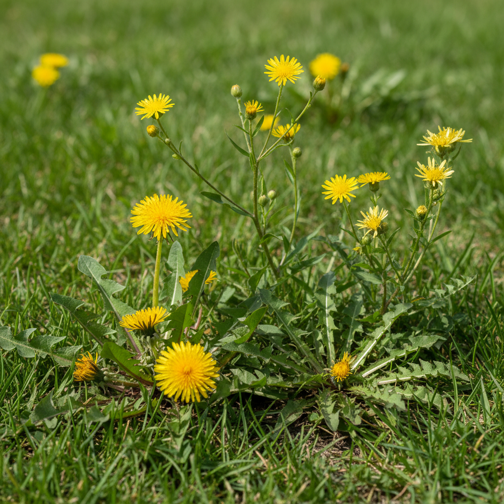 Close-up of a lawn showing common broadleaf weeds like dandelions, catsear, and hawkweed with yellow flowers