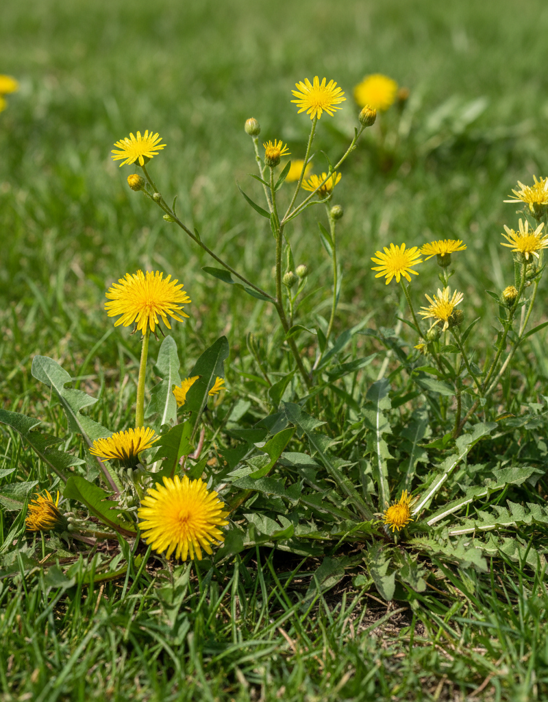 Close-up of a lawn showing common broadleaf weeds like dandelions, catsear, and hawkweed with yellow flowers