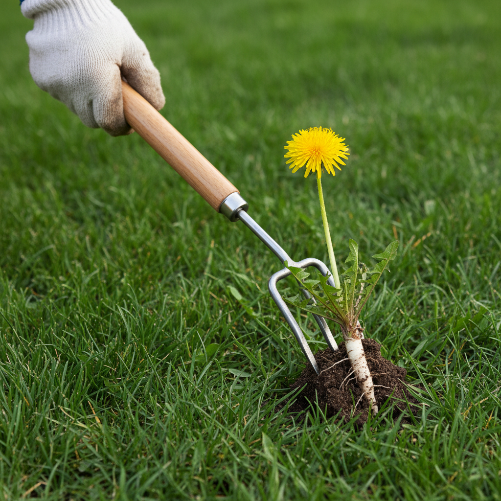 Homeowner removing a dandelion with its full taproot from a healthy green lawn using a stand-up weeding tool.