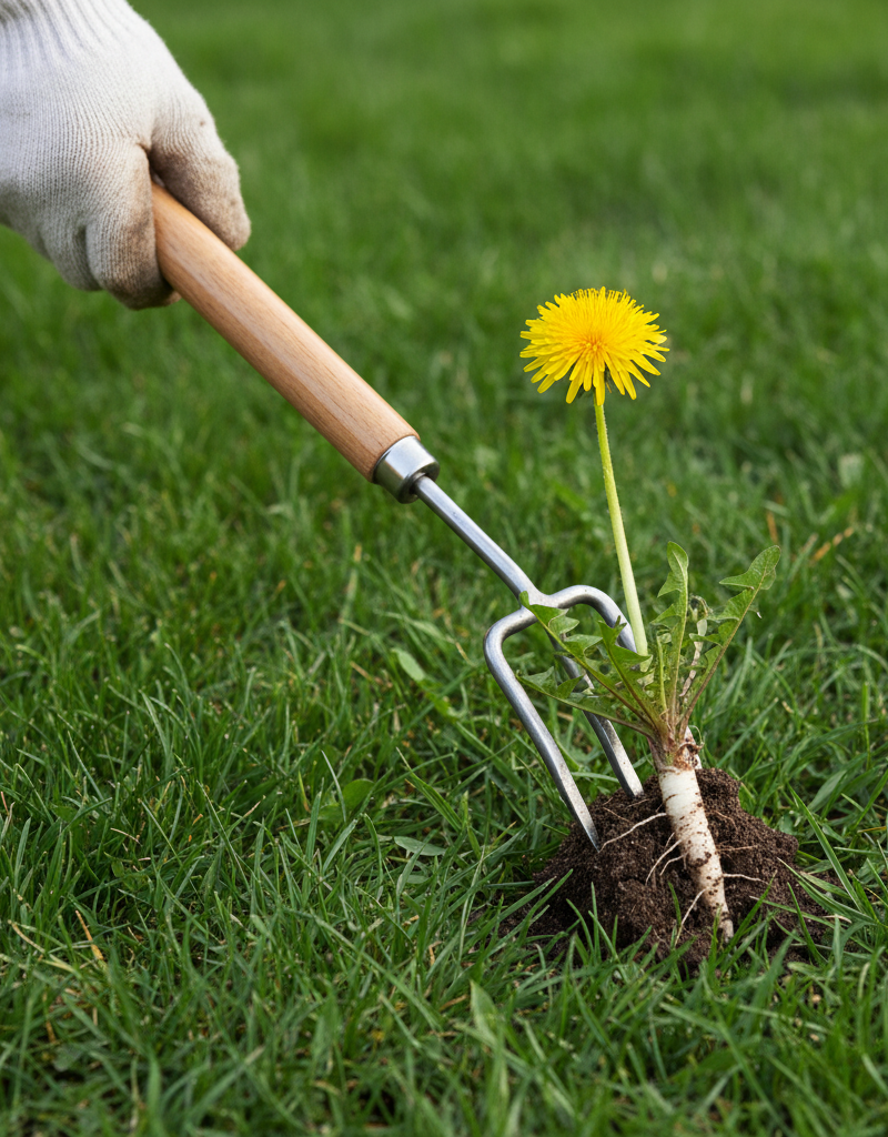 Homeowner removing a dandelion with its full taproot from a healthy green lawn using a stand-up weeding tool.