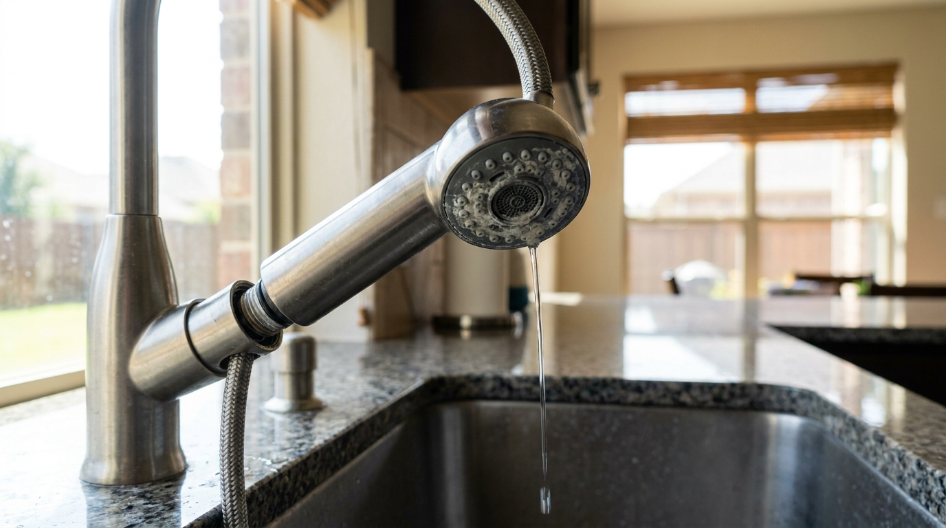Pull down kitchen faucet spray head being unscrewed over a stainless sink to fix low water pressure