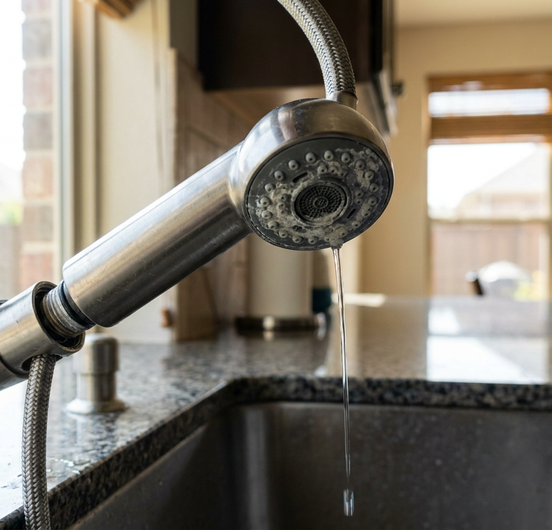 Pull down kitchen faucet spray head being unscrewed over a stainless sink to fix low water pressure