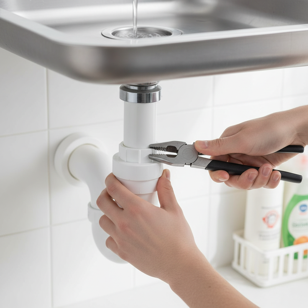 Homeowner under kitchen sink inspecting P-trap for slow drain issue