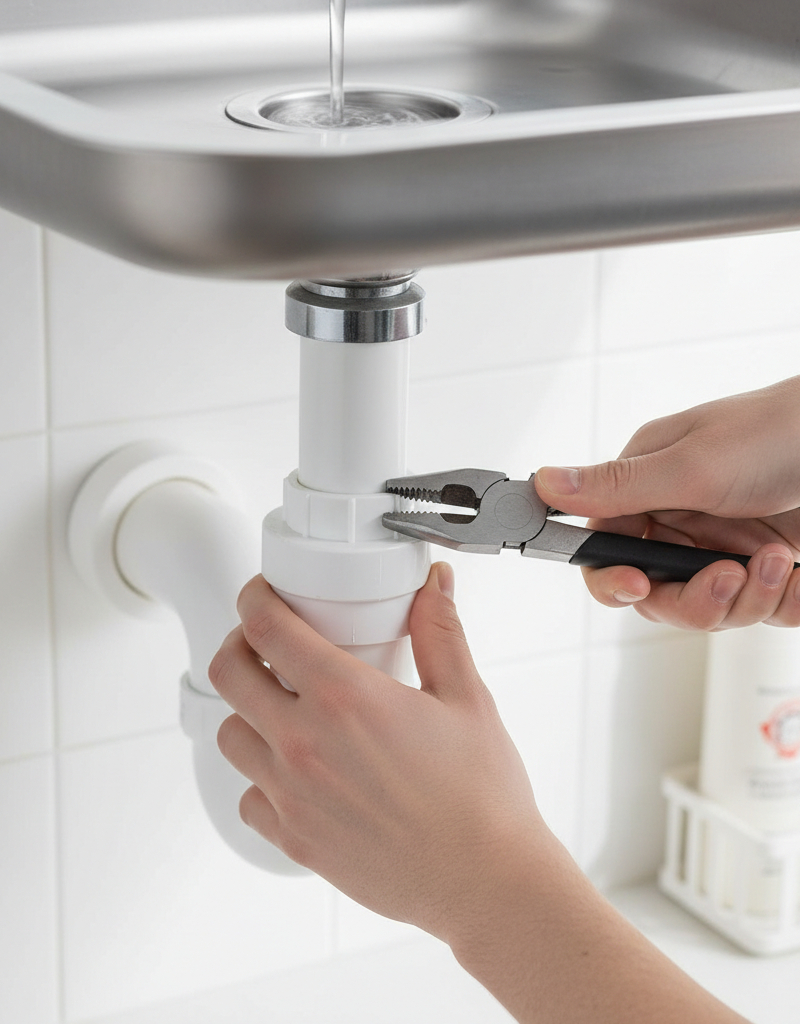 Homeowner under kitchen sink inspecting P-trap for slow drain issue