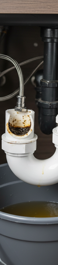 Kitchen sink P-trap disassembled to show a grease clog with a bucket underneath.