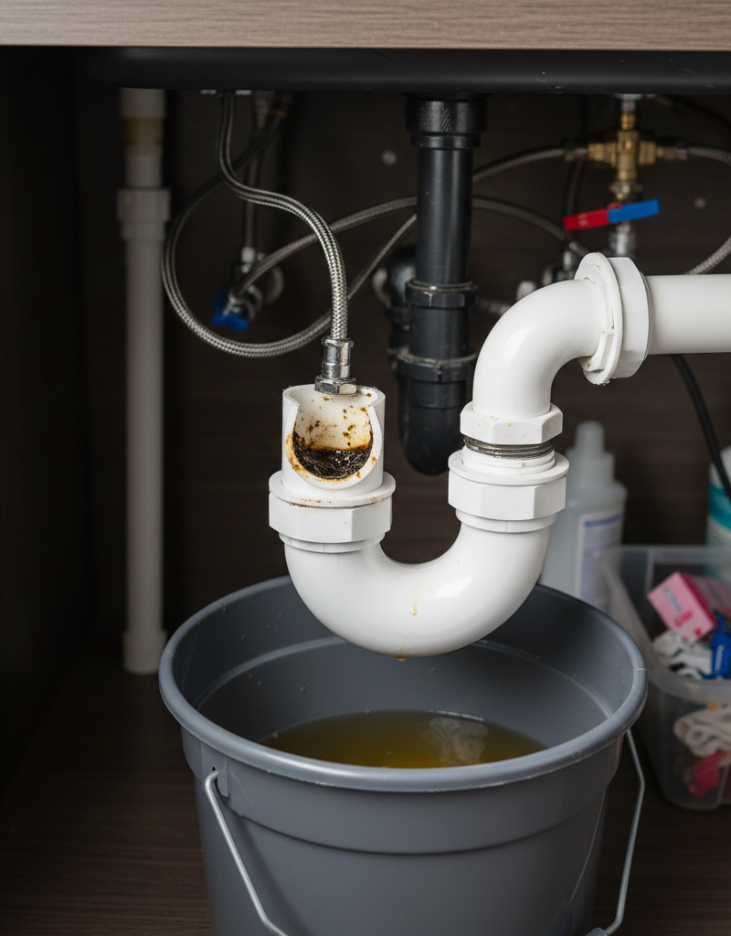 Kitchen sink P-trap disassembled to show a grease clog with a bucket underneath.