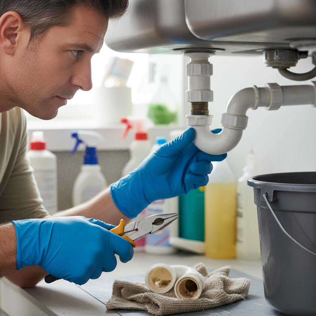 Homeowner troubleshooting a slow draining kitchen sink by inspecting the P-trap with tools.