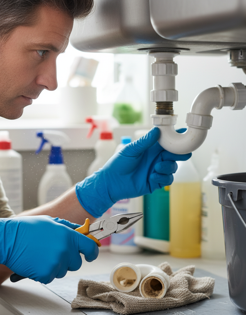 Homeowner troubleshooting a slow draining kitchen sink by inspecting the P-trap with tools.