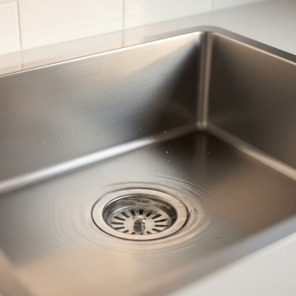 Kitchen sink with a small amount of cloudy water draining slowly, indicating a partial clog.