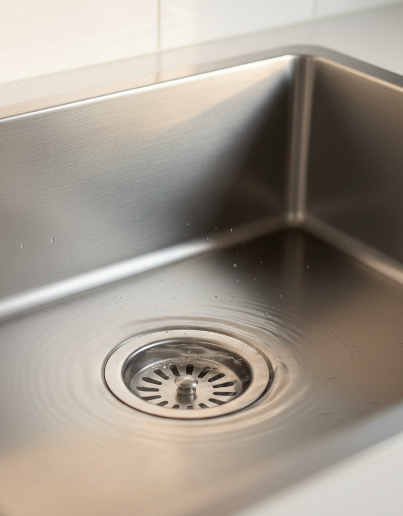 Kitchen sink with a small amount of cloudy water draining slowly, indicating a partial clog.