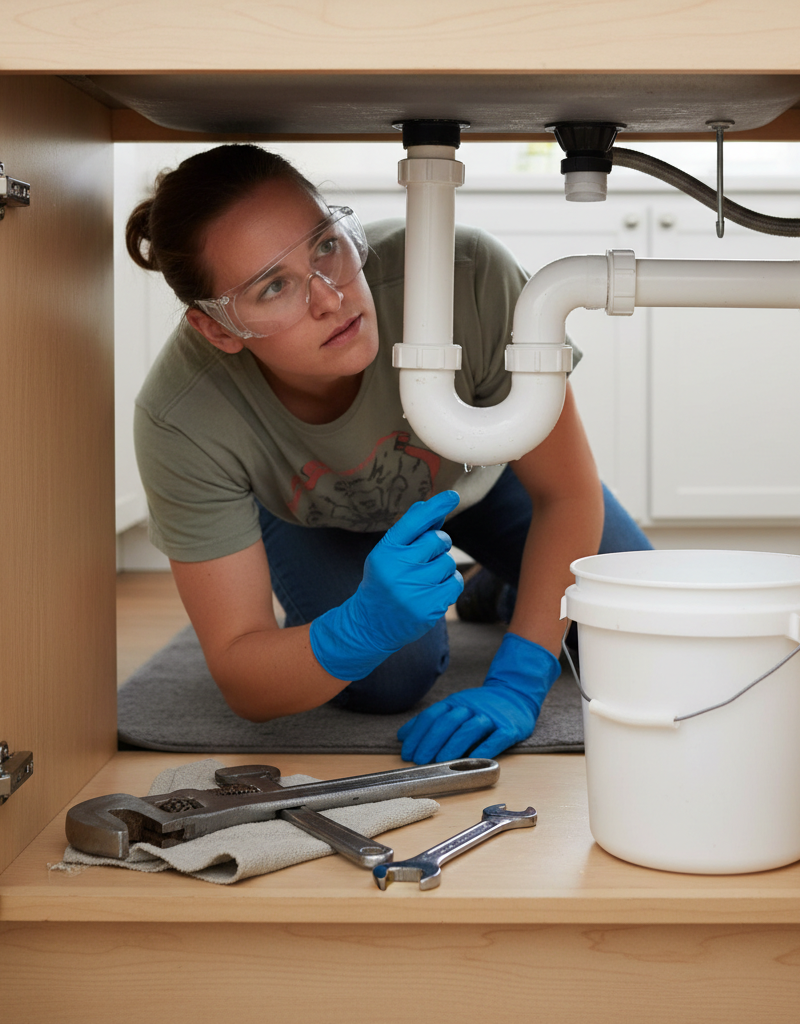 Homeowner troubleshooting a slow kitchen sink drain by inspecting the P-trap.