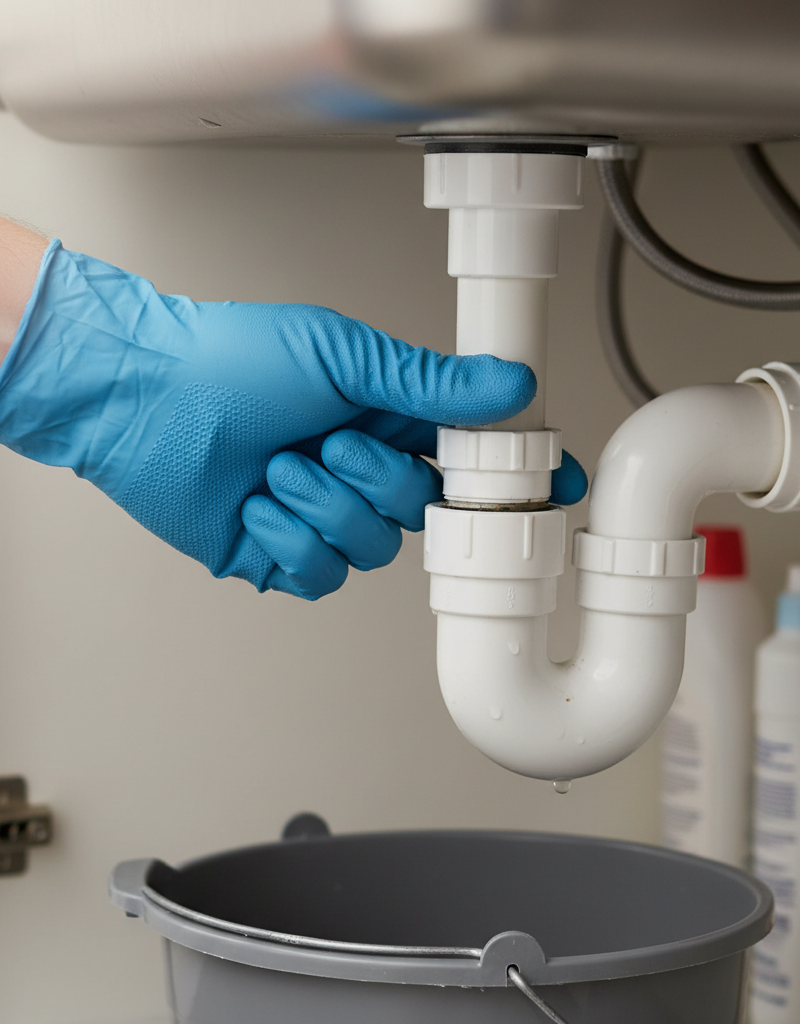 Homeowner wearing rubber gloves, cleaning a P-trap under a kitchen sink with a bucket underneath.