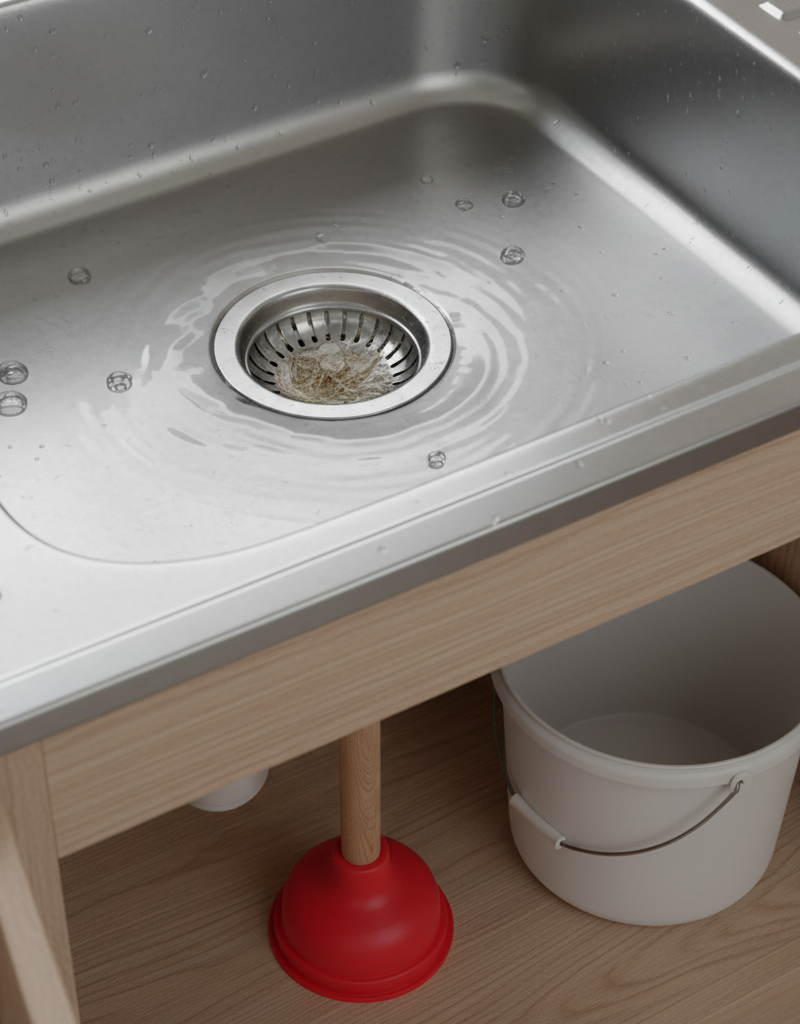 Kitchen sink with slow draining water, indicating a partial clog, with plumbing tools nearby.