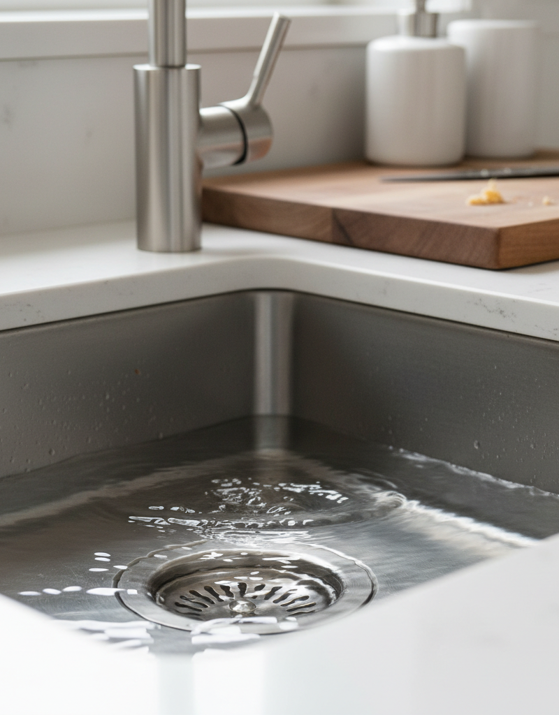 Slowly draining kitchen sink with a small pool of water around the drain