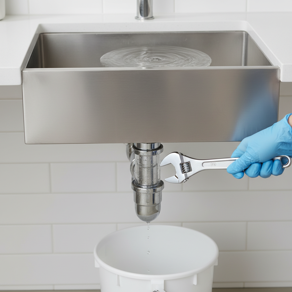 Homeowner troubleshooting a slow kitchen sink drain, examining the P-trap with a wrench and bucket