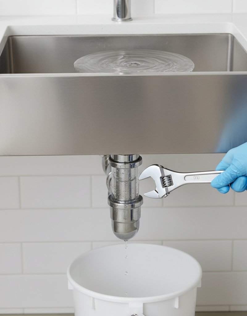 Homeowner troubleshooting a slow kitchen sink drain, examining the P-trap with a wrench and bucket