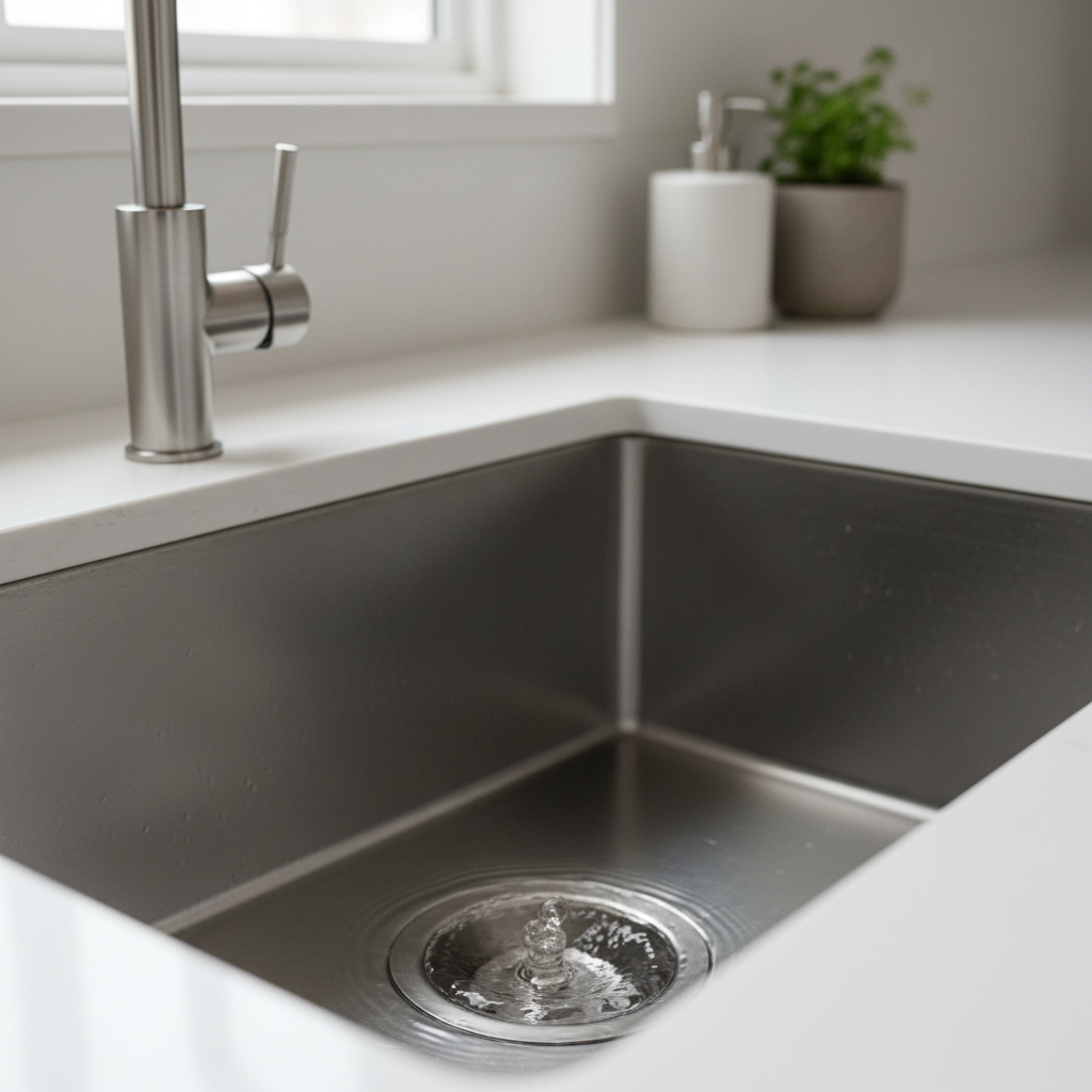 Water slowly draining in a modern kitchen sink, illustrating a common plumbing problem.