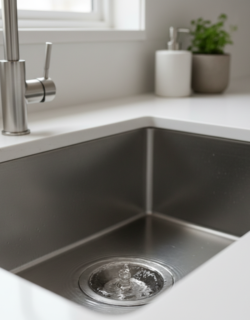 Water slowly draining in a modern kitchen sink, illustrating a common plumbing problem.