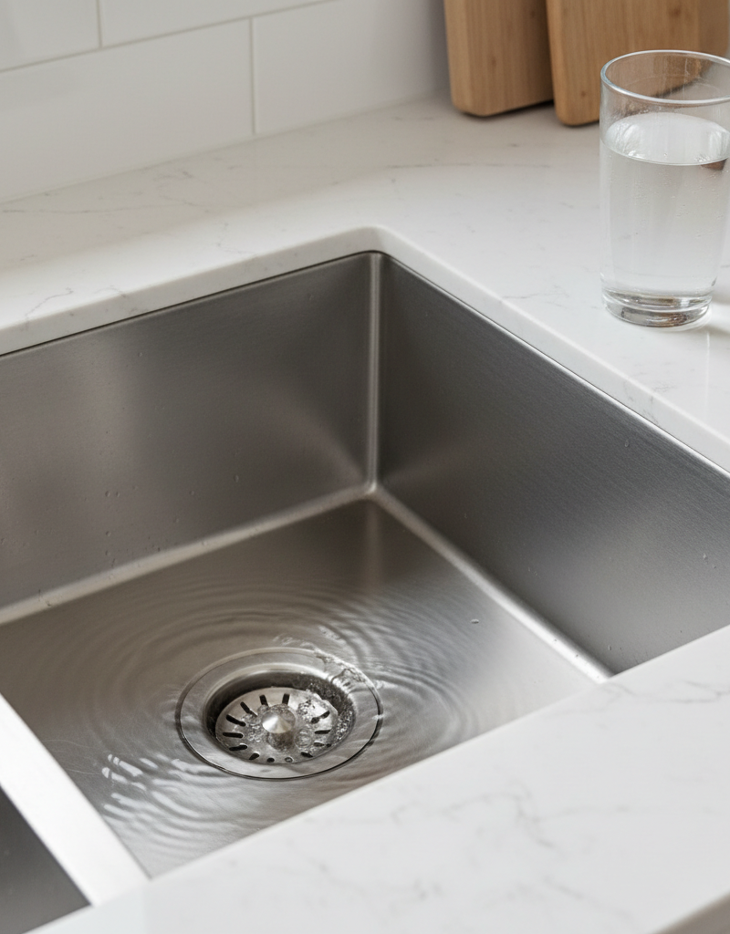 Slowly draining water in a kitchen sink, indicating a partial clog or plumbing issue.