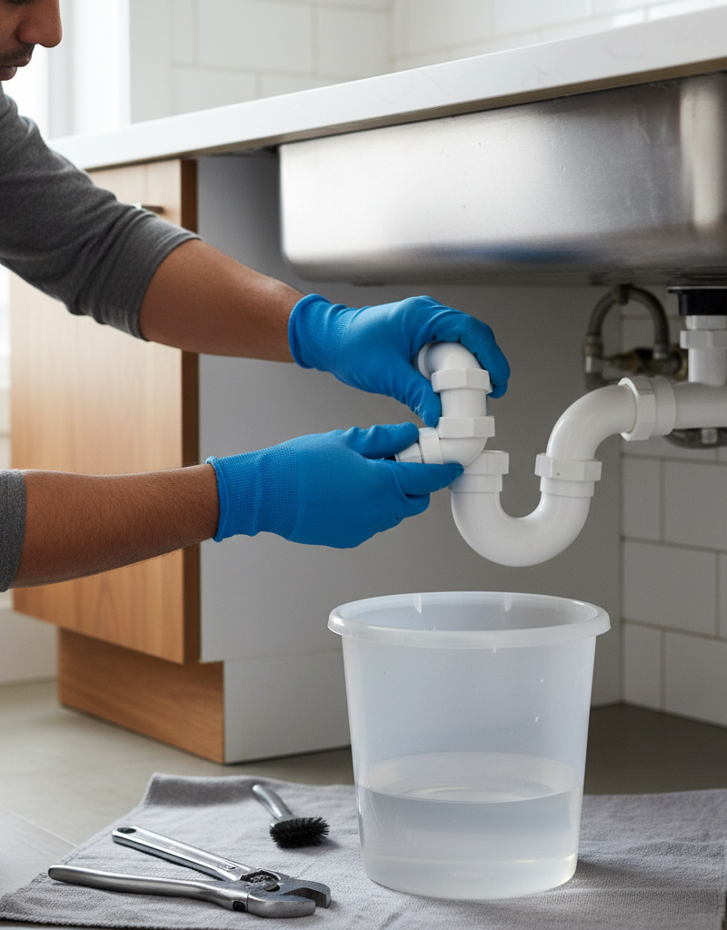 Homeowner removing P-trap to fix a slow kitchen sink drain