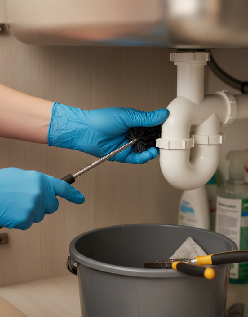 Homeowner cleaning a P-trap under a kitchen sink to fix a slow drain