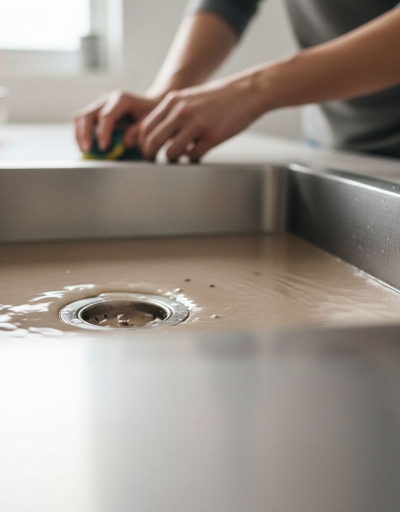 Kitchen sink with slowly draining water, an indication of a common plumbing clog.