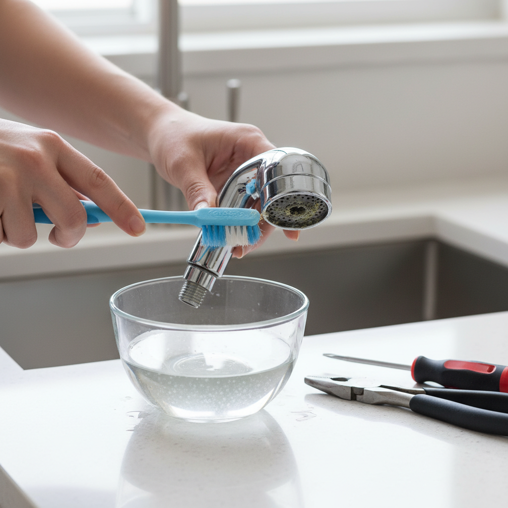 Homeowner cleaning mineral buildup from a kitchen sink sprayer head with a toothbrush and vinegar.