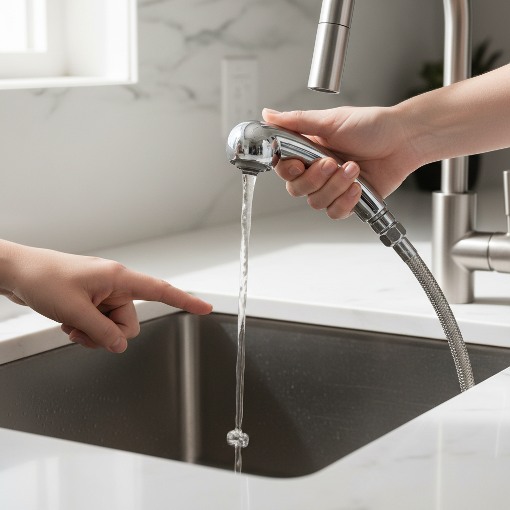 Homeowner frustrated by a weak kitchen sink sprayer, indicating low pressure problem.