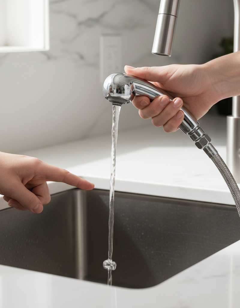 Homeowner frustrated by a weak kitchen sink sprayer, indicating low pressure problem.