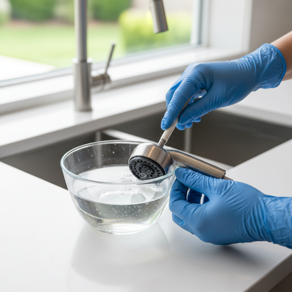 Hands cleaning a kitchen sink sprayer head with a brush and vinegar to restore water pressure