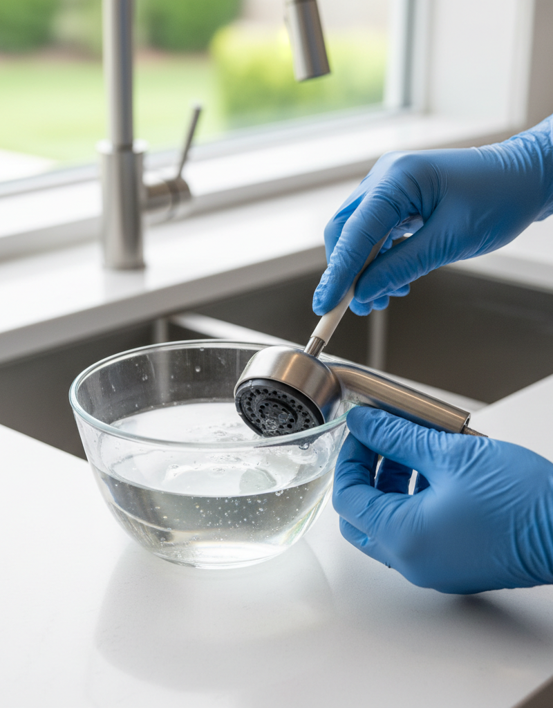 Hands cleaning a kitchen sink sprayer head with a brush and vinegar to restore water pressure