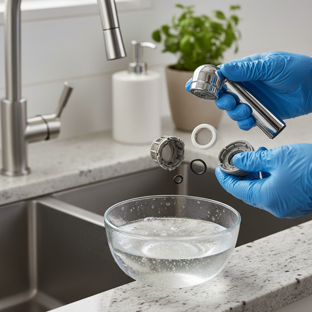 Homeowner cleaning a kitchen sink sprayer head, soaking it in vinegar to fix low pressure