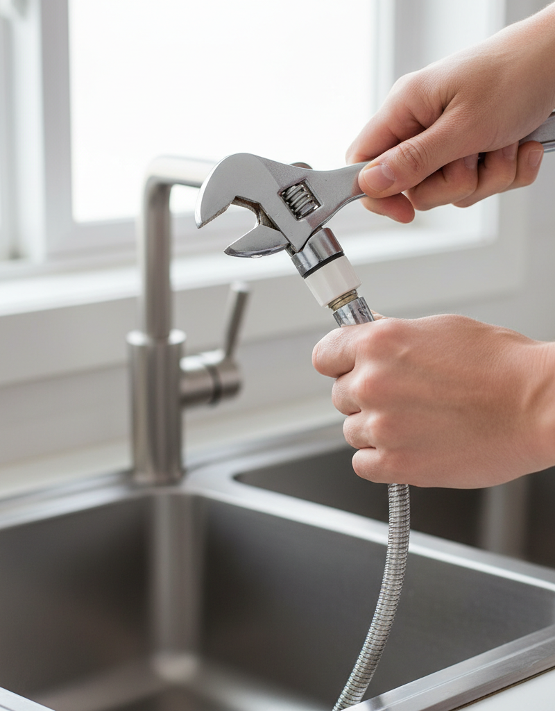 Homeowner unscrewing a kitchen sink sprayer head with a wrench to fix low pressure.