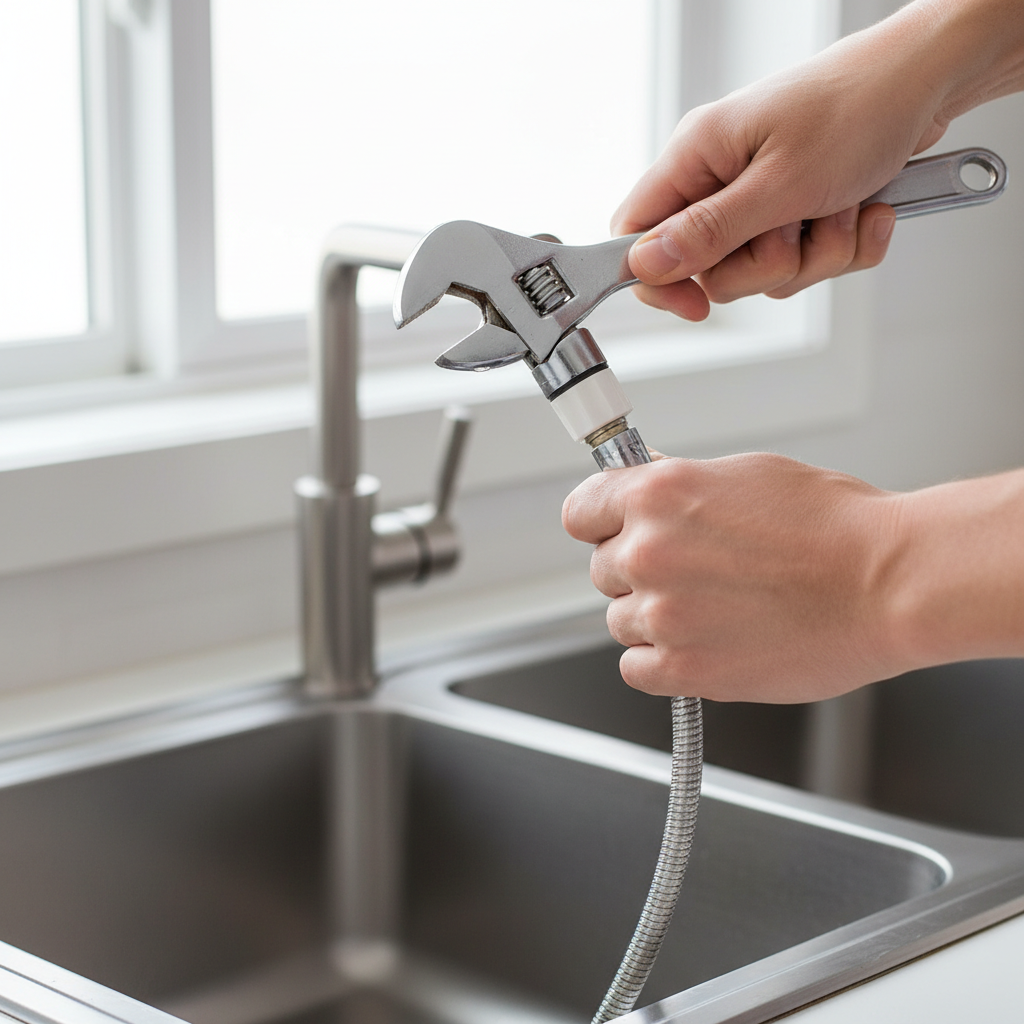 Homeowner unscrewing a kitchen sink sprayer head with a wrench to fix low pressure.