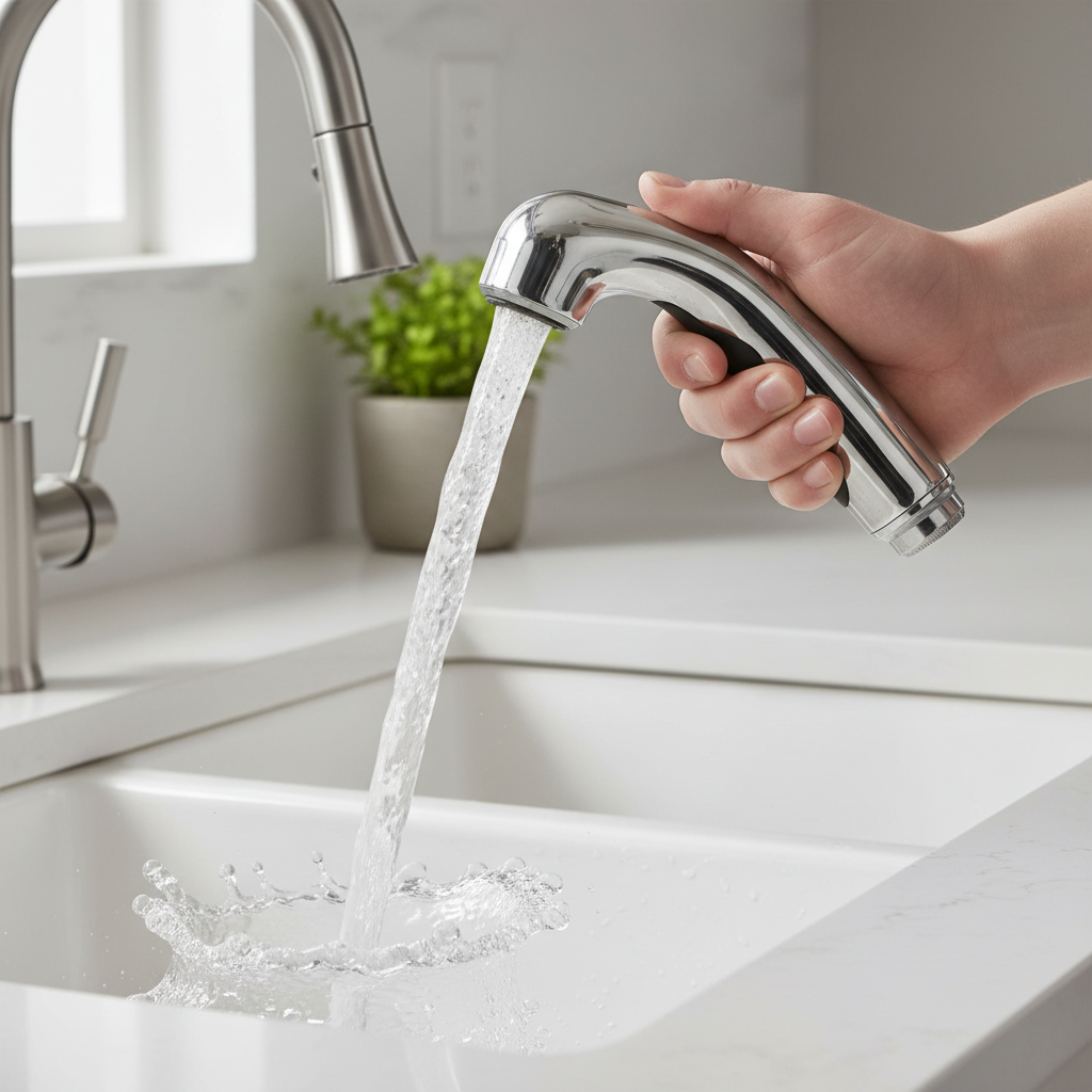 Hand holding a kitchen sink sprayer with a powerful stream of water, demonstrating restored pressure.