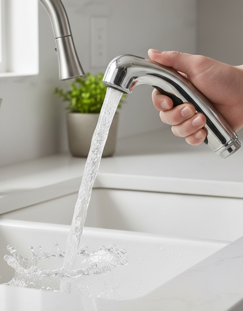 Hand holding a kitchen sink sprayer with a powerful stream of water, demonstrating restored pressure.