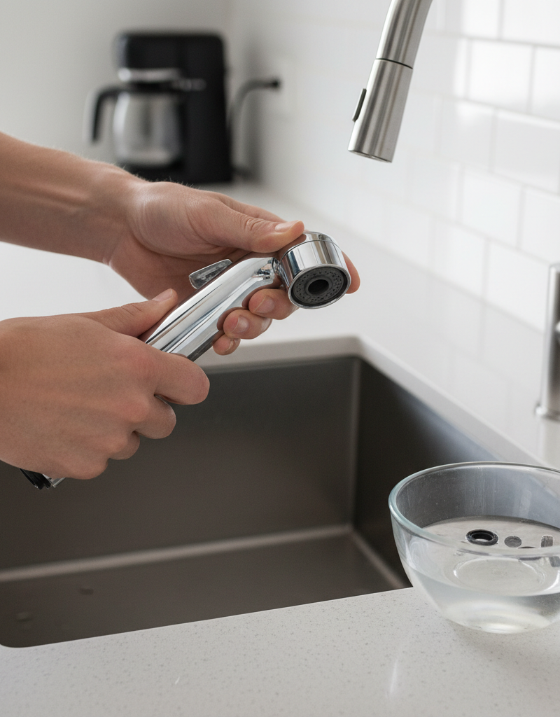 Homeowner's hand unscrewing a kitchen sink sprayer head to inspect and clean it for low pressure, with a container of white vinegar in the background.