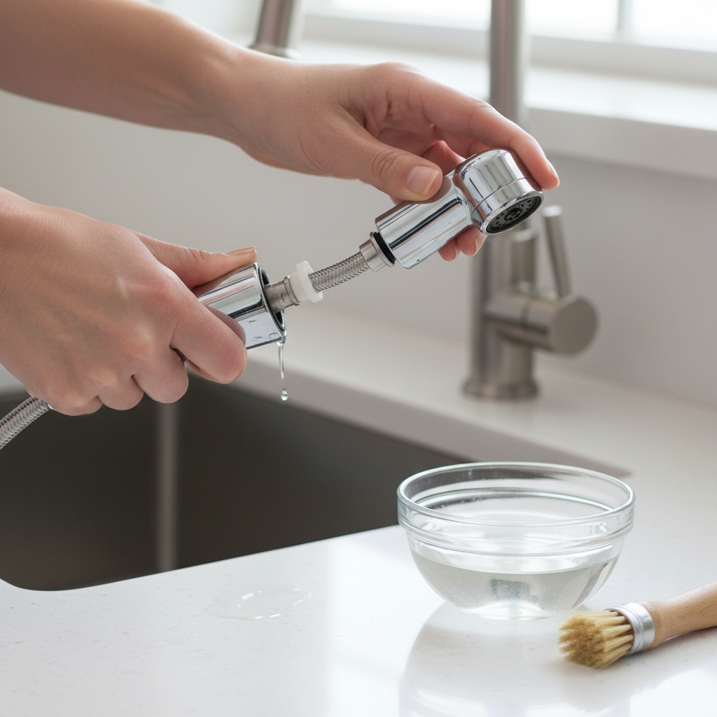 Hands unscrewing a kitchen sink sprayer head for cleaning, with vinegar nearby.