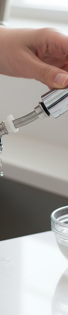 Hands unscrewing a kitchen sink sprayer head for cleaning, with vinegar nearby.