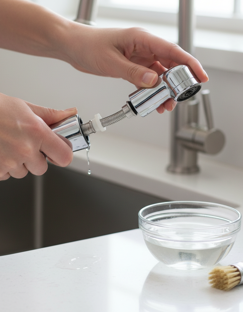 Hands unscrewing a kitchen sink sprayer head for cleaning, with vinegar nearby.