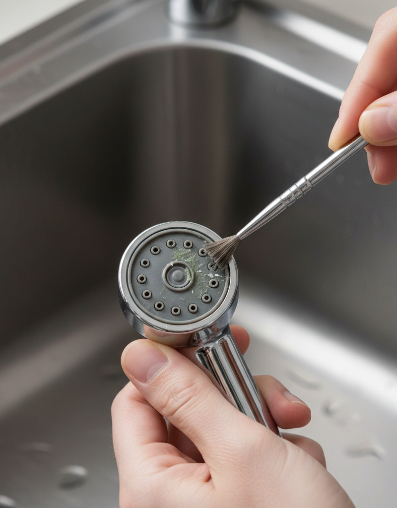 Hand cleaning mineral deposits from a kitchen sink sprayer head with a small brush.