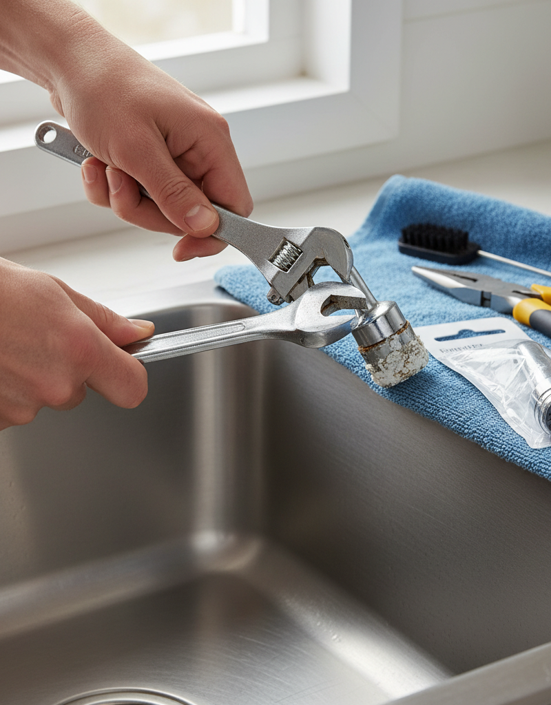 Homeowner unscrewing a mineral-clogged kitchen sink sprayer head to fix low pressure.