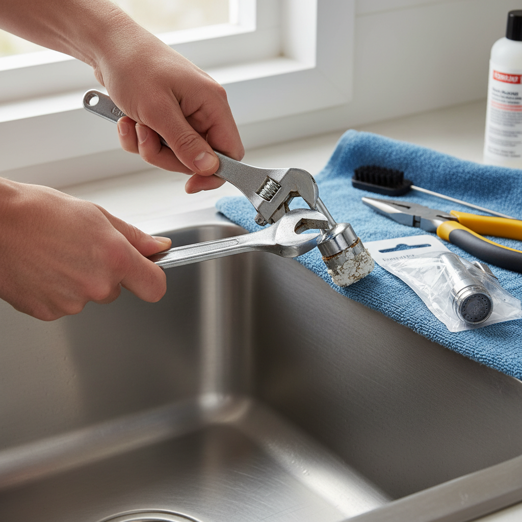 Homeowner unscrewing a mineral-clogged kitchen sink sprayer head to fix low pressure.