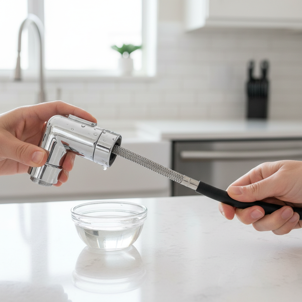Hand unscrewing a chrome kitchen sink sprayer head to inspect for clogs and mineral buildup.